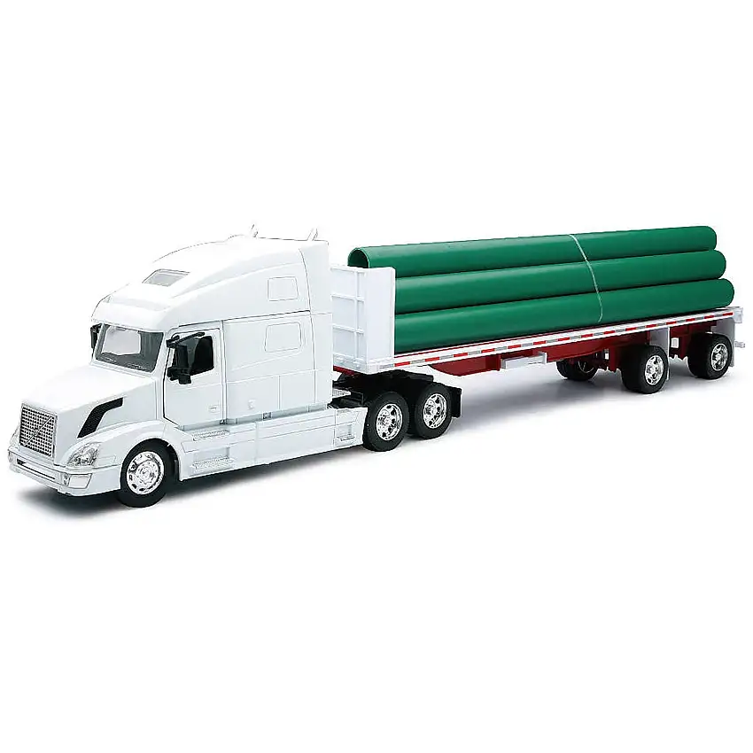 Volvo VN-780 Truck with Flatbed Trailer and Long Pipes White "Long Haul Truckers" Series 1/32 Diecast Model by New Ray