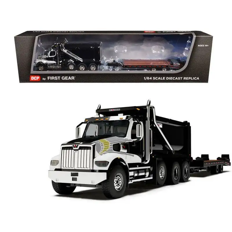 Western Star 49X Truck with Ox Bodies Dump & Beaver Tail Trailer Black with White Graphics 1/64 Diecast Model by DCP/First Gear