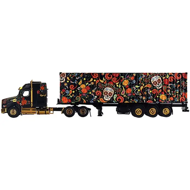 Western Star 49X with 40 Ft Container "Dia de los Muertos" (Day of the Dead) Black with Graphics 1/64 Diecast Model by Mini GT