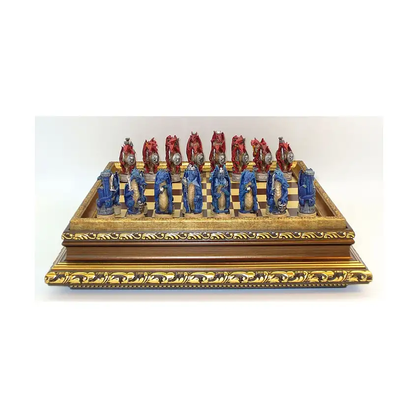 3.25" Red vs Blue Dragon Chessmen on Golden Wood Veneer Chest