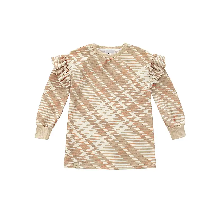 Girls Plaid Ruffle Terry Dress | Beige