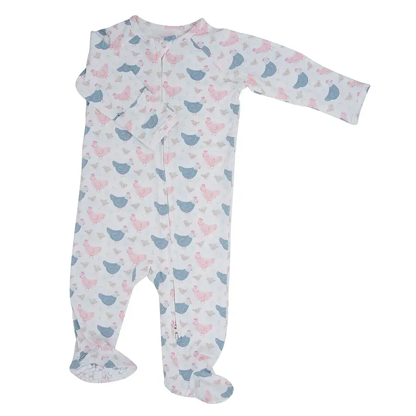 Pink Farm Hens Bamboo Zipper Footie