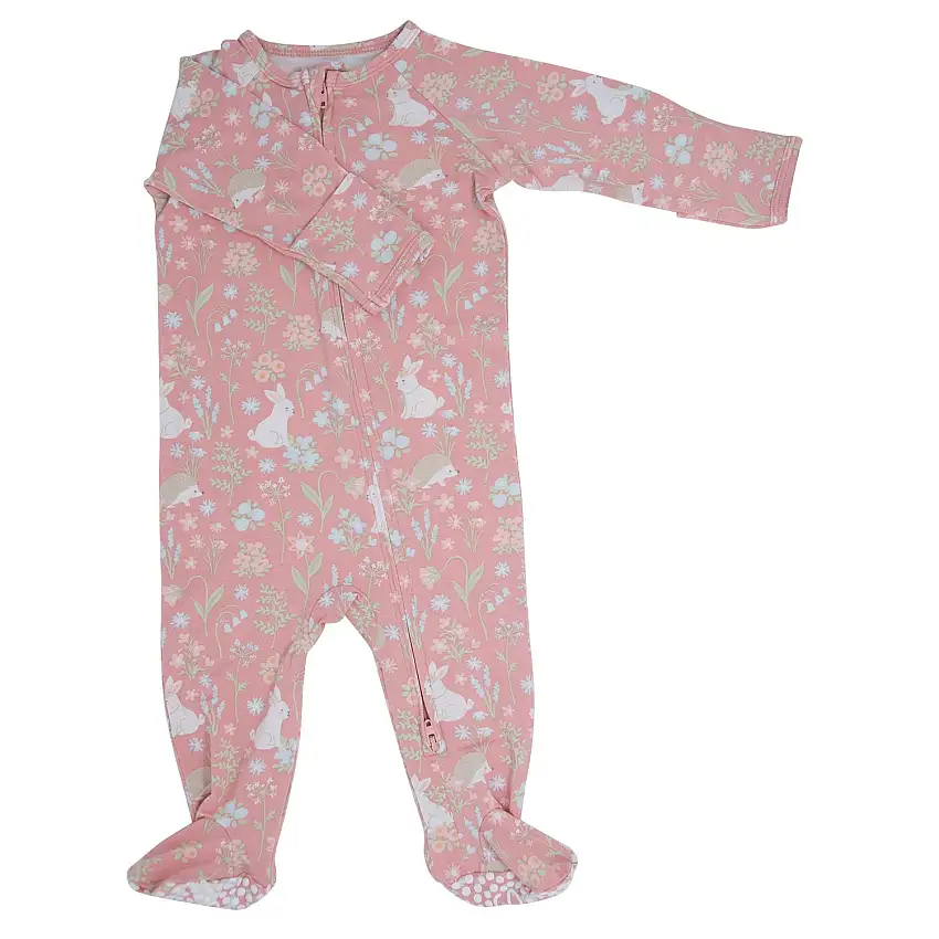 Pink Bunny Floral Zipper Footie